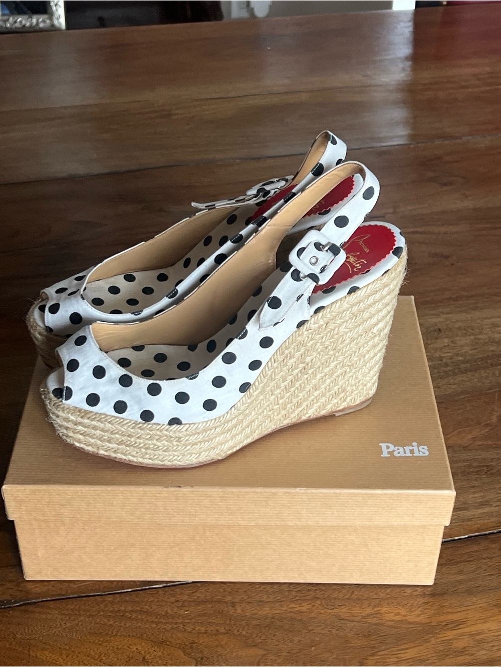 Christian Louboutin White and Black Polka Dot Espadrille Wedge Slingbacks - Picture 3 of 5